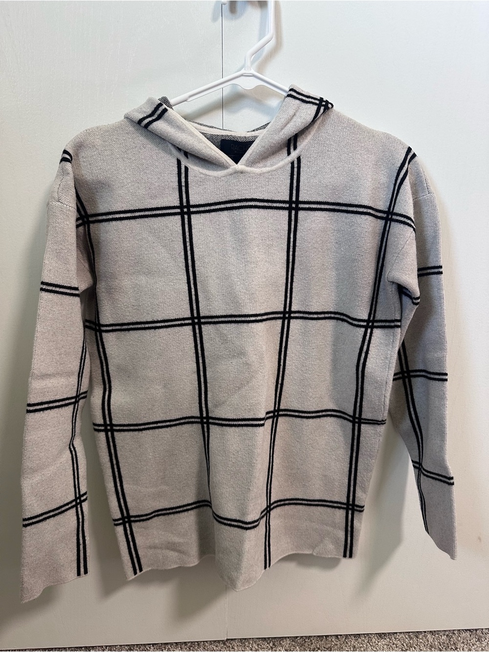 Women's Hooded Windowpane Sweater - Light Gray with Black Windowpane